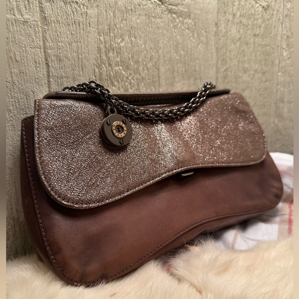 Henri Bendel Gold Glitter and Pewter Leather handbag
